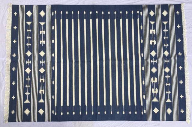 Multi Sizes Blue & White Stripes Handmade Cotton Rug Dhurrie - Dark Colour - image 1