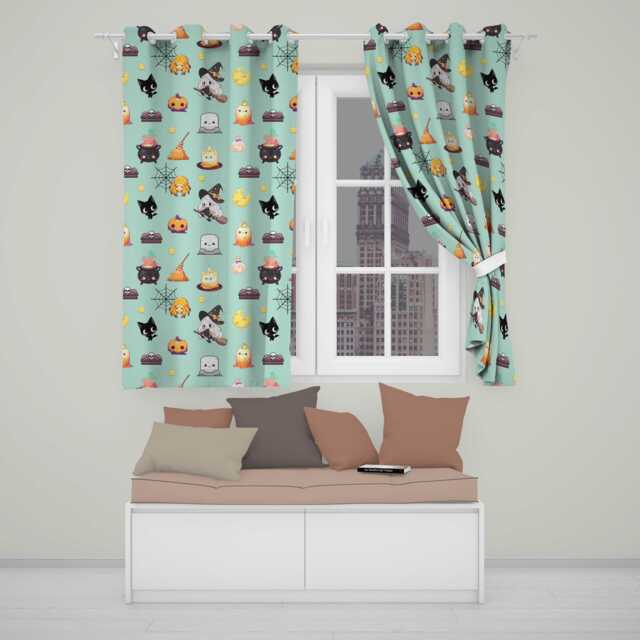 Cute Kawaii Witch Spider Candle Moon Seamless Pattern Teal Background Readymade Eyelet Ring Top Thermal 100% Blackout Curtains - image 1