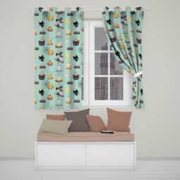 Cute Kawaii Witch Spider Candle Moon Seamless Pattern Teal Background Readymade Eyelet Ring Top Thermal 100% Blackout Curtains - thumbnail 1