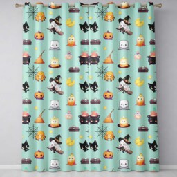Cute Kawaii Witch Spider Candle Moon Seamless Pattern Teal Background Readymade Eyelet Ring Top Thermal 100% Blackout Curtains - thumbnail 2