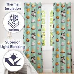Cute Kawaii Witch Spider Candle Moon Seamless Pattern Teal Background Readymade Eyelet Ring Top Thermal 100% Blackout Curtains - thumbnail 3