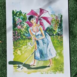 Audrey Hepburn Golf Watercolor Print Whimsical Augusta Art - thumbnail 2