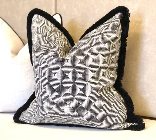 Black Geometric Pattered Cushion Cover - Luxury Pillows With Fringe Trim High Quality Warwick Fabric Monochrome Home Decor - image 1