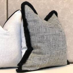 Black Geometric Pattered Cushion Cover - Luxury Pillows With Fringe Trim High Quality Warwick Fabric Monochrome Home Decor - thumbnail 3