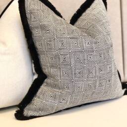 Black Geometric Pattered Cushion Cover - Luxury Pillows With Fringe Trim High Quality Warwick Fabric Monochrome Home Decor - thumbnail 2