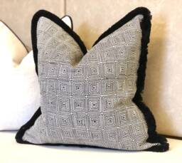Black Geometric Pattered Cushion Cover - Luxury Pillows With Fringe Trim High Quality Warwick Fabric Monochrome Home Decor - thumbnail 1