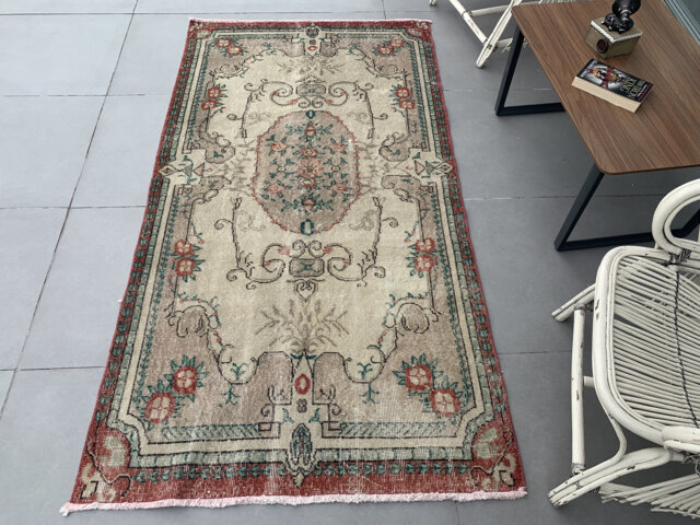 Turkish Rug, Turkey Kitchen Rugs, Rugs For Bedroom, Vintage Beige Anatolian 3.8x6.9 Ft Area Oushak Handmade Floor - image 1