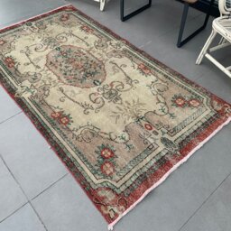 Turkish Rug, Turkey Kitchen Rugs, Rugs For Bedroom, Vintage Beige Anatolian 3.8x6.9 Ft Area Oushak Handmade Floor - thumbnail 2