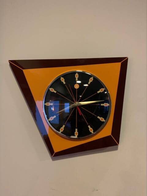 Asymmetric Mid-Century Wall Clock Tangerine & Brown, Black Face - image 1