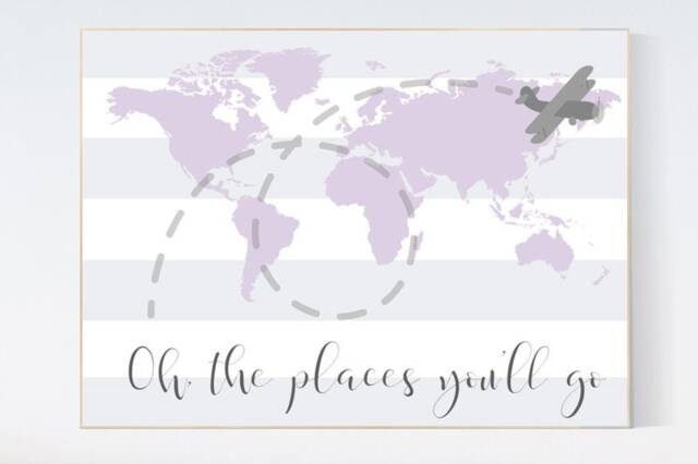 Purple World Map Nursery Decor Travel Theme Art Print - image 1