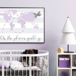 Purple World Map Nursery Decor Travel Theme Art Print - thumbnail 2