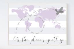 Purple World Map Nursery Decor Travel Theme Art Print - thumbnail 1