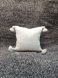 Handwoven White Moroccan Cotton Pillow Cover With Pom Poms - thumbnail 1
