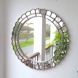 Peruvian Silver Sunburst Mirror 60 cm Handmade Wall Decor - Carved Wood Round Statement For Living Room Bathroom Entryway - thumbnail 2