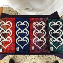 One Hand Cut Quilt Block Wall Hanging. Finished Fabric Block, Lining Fused Cutwork 3 Heart Design By Linda Pool Hanging, Color Choices - thumbnail 1
