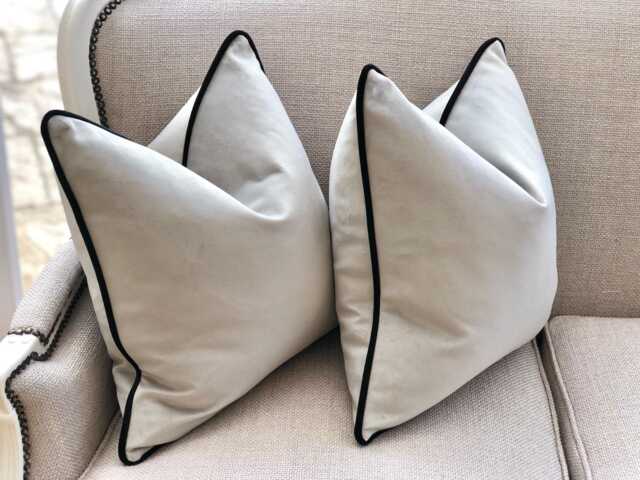 Light Grey/ Silver Plush Velvet Cushion Cover With Black Contrast Piping/Edge - image 1