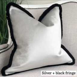 Light Grey/ Silver Plush Velvet Cushion Cover With Black Contrast Piping/Edge - thumbnail 2