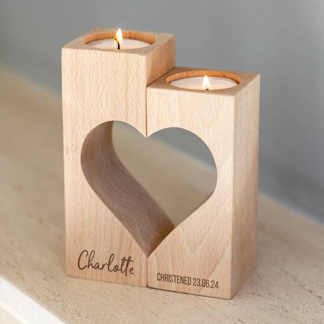 Christening Gift - Wood Candle Holder Heart Set Baptism Naming Day Personalised Tea Light Lc990 - image 1