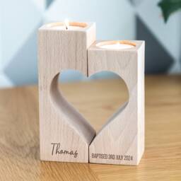 Christening Gift - Wood Candle Holder Heart Set Baptism Naming Day Personalised Tea Light Lc990 - thumbnail 2