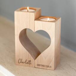Christening Gift - Wood Candle Holder Heart Set Baptism Naming Day Personalised Tea Light Lc990
