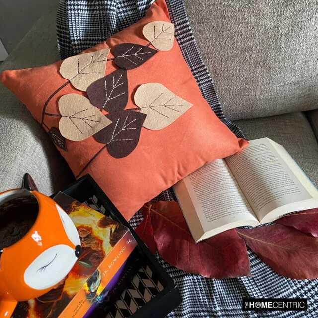 Rust Orange Faux Suede, Embroidered Nature & Floral Pattern, Contemporary Throw Pillow Cover - Spring Leaves - image 1