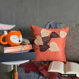 Rust Orange Faux Suede, Embroidered Nature & Floral Pattern, Contemporary Throw Pillow Cover - Spring Leaves - thumbnail 2
