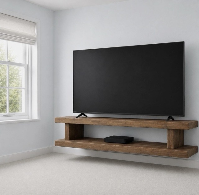 Large Floating English Tv Stand - Rustic Solid Wood Handmade Wall Mounted Shelf - image 1