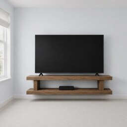 Large Floating English Tv Stand - Rustic Solid Wood Handmade Wall Mounted Shelf - thumbnail 2
