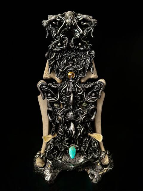 Ursula's Pewter Pendant, Bone, Agate, Quartz, Amethyst, Jade, Geode, Obsidian, Tiger's Eye, Turquoise Sculpture - image 1
