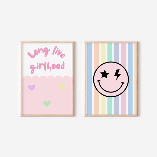 Girls Bedroom Wall Art Set, Retro Happy Face Prints in Pastel Colours, Nursery Decor - image 1