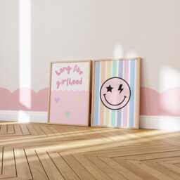 Girls Bedroom Wall Art Set, Retro Happy Face Prints in Pastel Colours, Nursery Decor - thumbnail 2