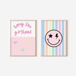 Girls Bedroom Wall Art Set, Retro Happy Face Prints in Pastel Colours, Nursery Decor - thumbnail 1