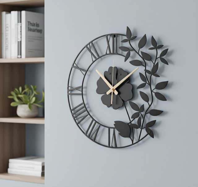 Floral Metal Wall Clock, Black Flower & Leaf Design Decor, Silent Modern Art Perfect Housewarming Wedding Gift, Wanduhr - image 1