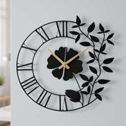 Floral Metal Wall Clock, Black Flower & Leaf Design Decor, Silent Modern Art Perfect Housewarming Wedding Gift, Wanduhr - thumbnail 2