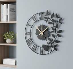 Floral Metal Wall Clock, Black Flower & Leaf Design Decor, Silent Modern Art Perfect Housewarming Wedding Gift, Wanduhr - thumbnail 1