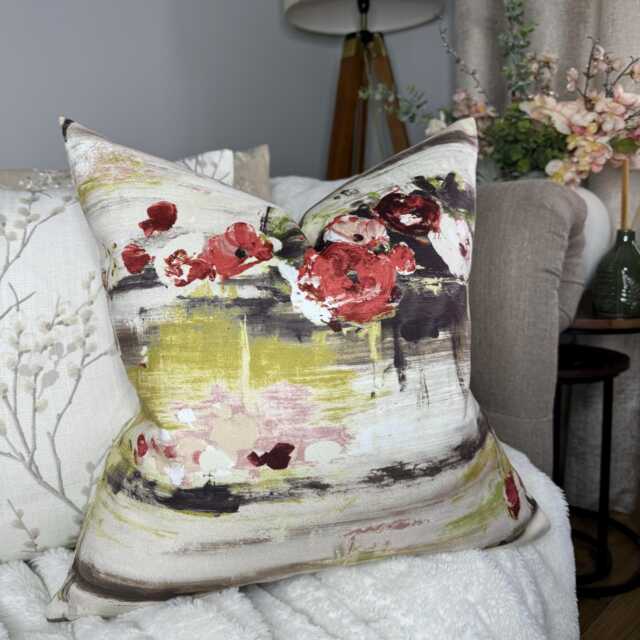 Decorative Floral Cushion Cover, Red Green Floral Pillow Cover, Watercolour Floral Throw Designer Fabric - Velour - image 1