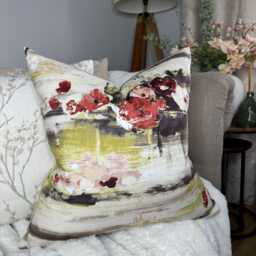Decorative Floral Cushion Cover, Red Green Floral Pillow Cover, Watercolour Floral Throw Designer Fabric - Velour - thumbnail 1
