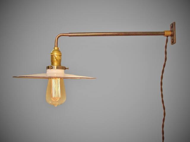 Industrial Lighting - Vintage Steel Wall Mount Light Railroad Sconce Flat Shade Steampunk Lamp Apothecary Train Station - image 1
