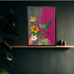 Dark Pink Tropical Hummingbird Print, Moody Maximalist Wall Art - thumbnail 1