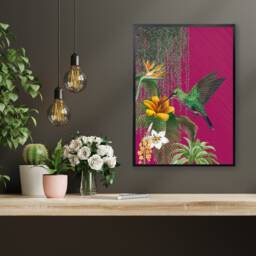 Dark Pink Tropical Hummingbird Print, Moody Maximalist Wall Art - thumbnail 2
