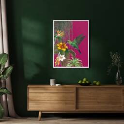 Dark Pink Tropical Hummingbird Print, Moody Maximalist Wall Art - thumbnail 3