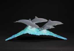 Dolphin Sculpture Statue By John Perry Pod On Blue Wave Airbrushed 11In Long - thumbnail 1