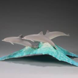 Dolphin Sculpture Statue By John Perry Pod On Blue Wave Airbrushed 11In Long - thumbnail 3