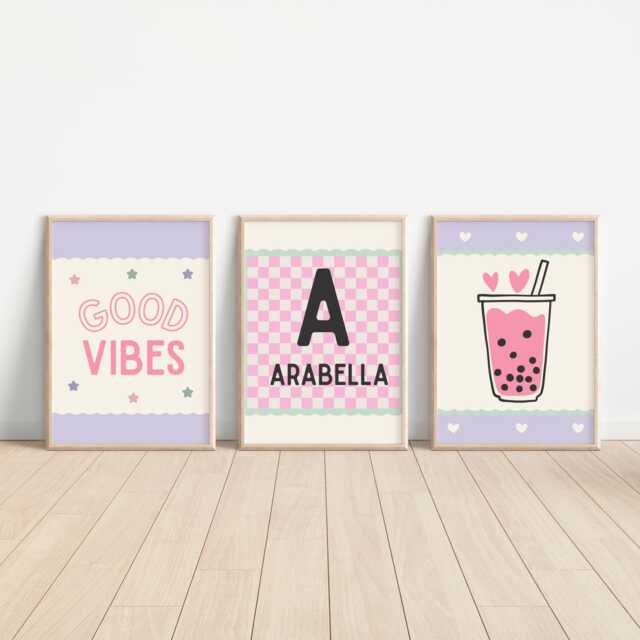 Good Vibes Girls Bubble Tea Reto Personalised Name Print Set For A Childrens Bedroom - image 1