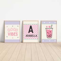 Good Vibes Girls Bubble Tea Reto Personalised Name Print Set For A Childrens Bedroom - thumbnail 1