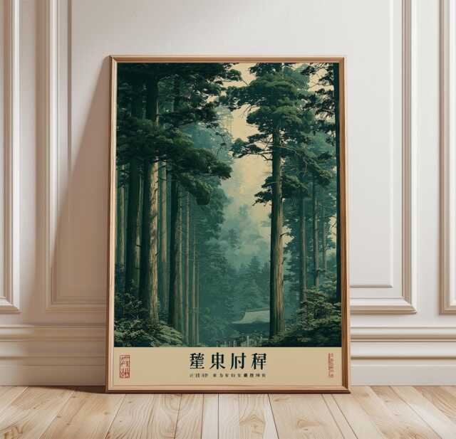 Japanese Cedar Forest Poster, Shrine Landscape Print, Nature Wall Art - image 1