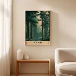 Japanese Cedar Forest Poster, Shrine Landscape Print, Nature Wall Art - thumbnail 3