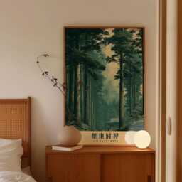 Japanese Cedar Forest Poster, Shrine Landscape Print, Nature Wall Art - thumbnail 2