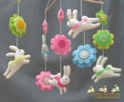 Handmade Felt Baby Mobile - Rabbits & Flowers, Spring Nursery Decor