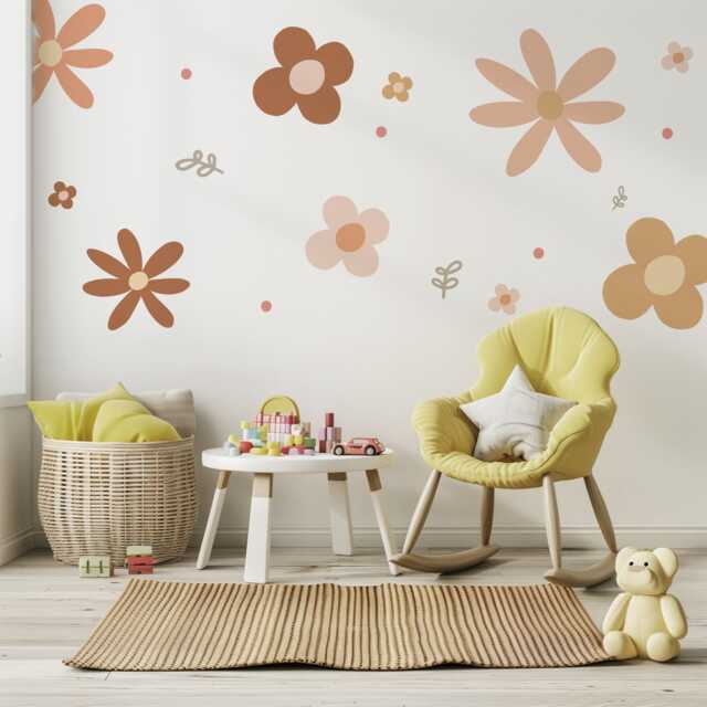 Boho Flower Wall Stickers Nursery Decor - Neutral Floral Decals Retro Daisy Peel & Stick Kids Room - image 1